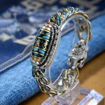 Tibetan Nine-Eye Dzi Bead Om Mani Padme Hum Turquoise Protection Rotatable Bracelet - Image 2