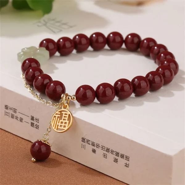 Cinnabar Fu Character Hetian Jade Lucky Four Leaf Clover Blessing Bracelet