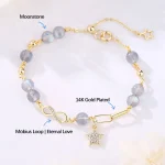 14K Gold Plated Natural Strawberry Quartz Moonstone Möbius Loop Eternal Love Star Positive Bracelet - Image 9