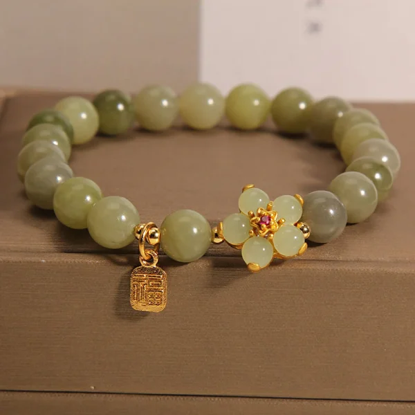 Green Jade Flower Fu Character Charm Luck Bracelet