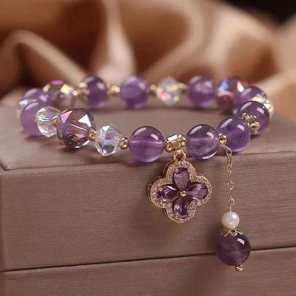Natural Amethyst Crystal Four Leaf Clover Spiritual Healing Bracelet