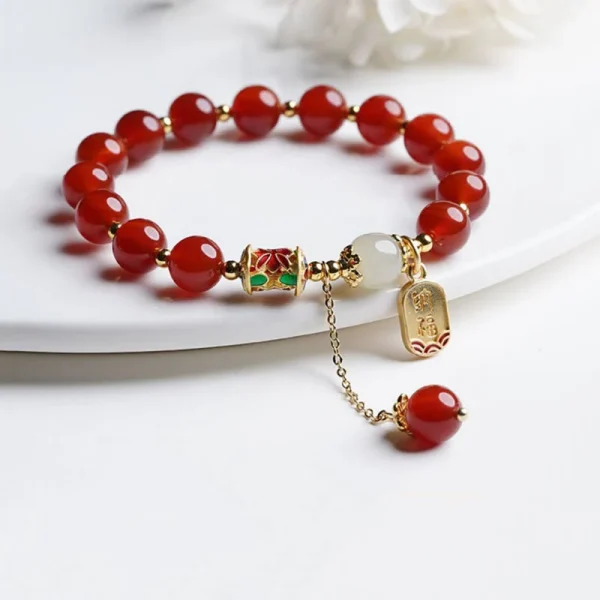 Natural Red Agate Hetian Jade Fu Character Confidence Charm Bracelet