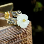 925 Silver Plated Copper White Jade Plum Flower Leaf Luck Ring - Image 2