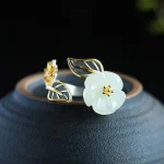 925 Silver Plated Copper White Jade Plum Flower Leaf Luck Ring - Image 5