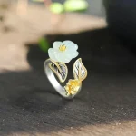 925 Silver Plated Copper White Jade Plum Flower Leaf Luck Ring - Image 6