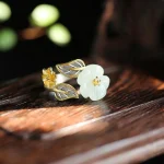 925 Silver Plated Copper White Jade Plum Flower Leaf Luck Ring - Image 7