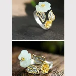 925 Silver Plated Copper White Jade Plum Flower Leaf Luck Ring - Image 8