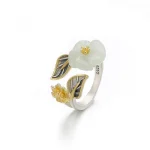 925 Silver Plated Copper White Jade Plum Flower Leaf Luck Ring - Image 12