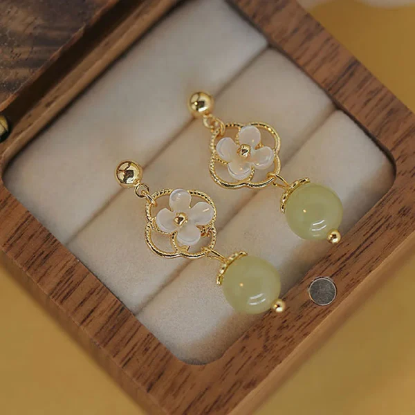 Tridacna Stone Flower Jade Bead Blessing Drop Earrings