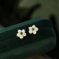White Jade Carved Flower Lucky Earrings