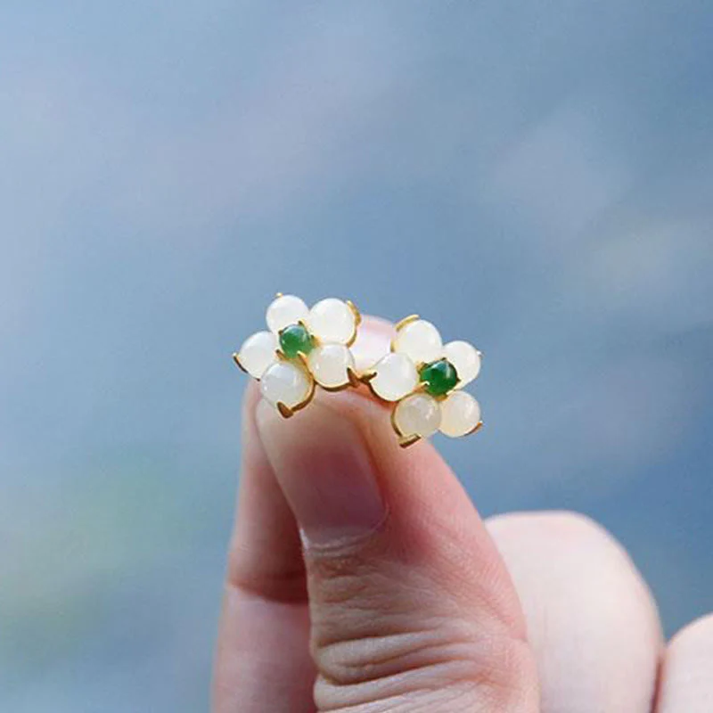 White Jade Carved Flower Lucky Earrings