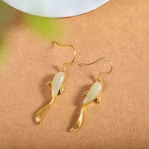 Fish Pattern Jade Luck Dangle Drop Earrings Fish Pattern Jade Luck Dangle Drop Earrings