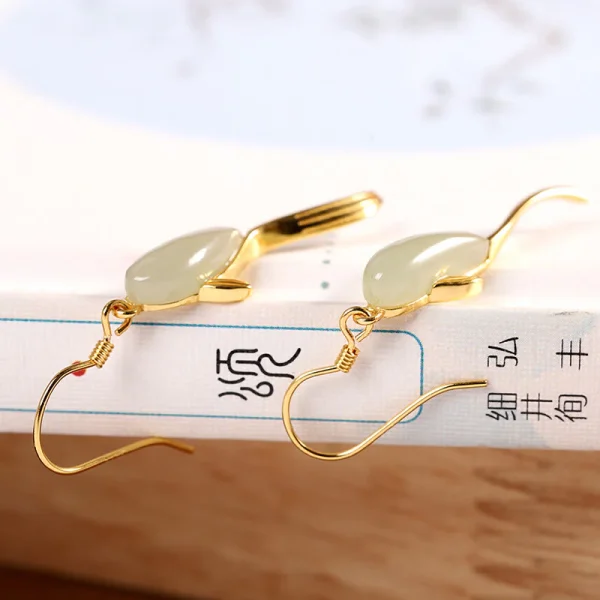 Fish Pattern Jade Luck Dangle Drop Earrings Fish Pattern Jade Luck Dangle Drop Earrings