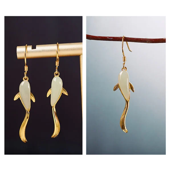 Fish Pattern Jade Luck Dangle Drop Earrings Fish Pattern Jade Luck Dangle Drop Earrings