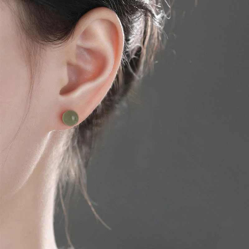 Natural Round Jade Beads Good Luck Stud Earrings