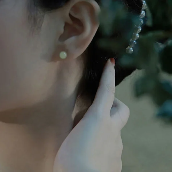 Natural Round Jade Beads Good Luck Stud Earrings