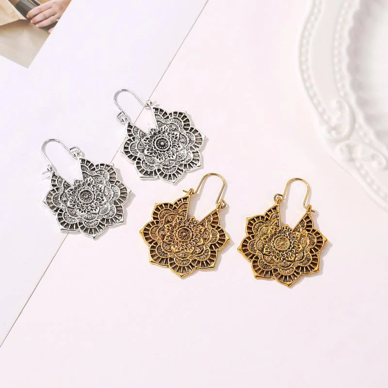 Tibetan Lotus Engraved Healing Copper Drop Earrings
