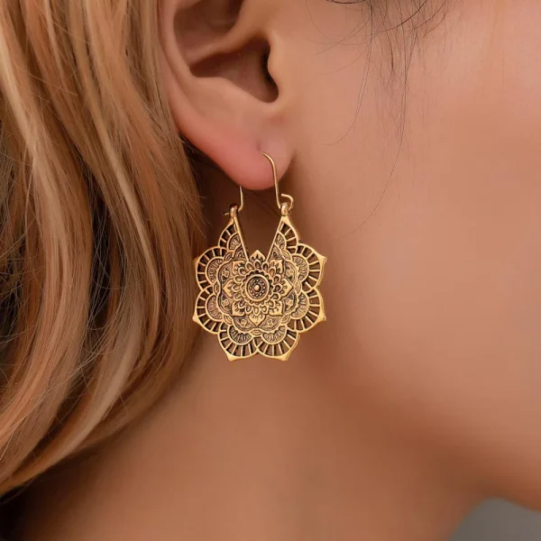 Tibetan Lotus Engraved Healing Copper Drop Earrings