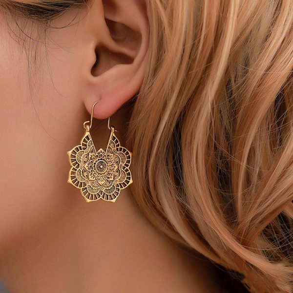 Tibetan Lotus Engraved Healing Copper Drop Earrings