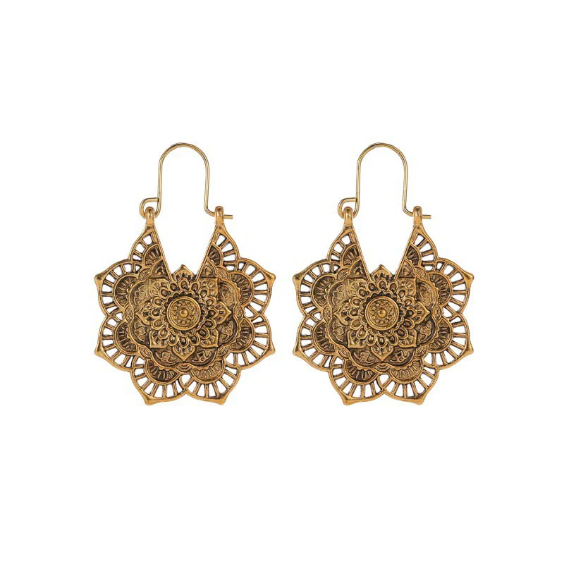 Tibetan Lotus Engraved Healing Copper Drop Earrings