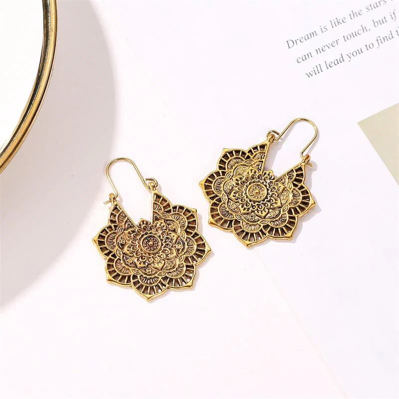 Tibetan Lotus Engraved Healing Copper Drop Earrings