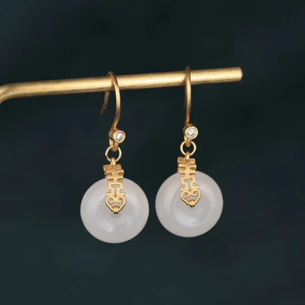 White Jade Double Happiness Blessing Fortune Earrings