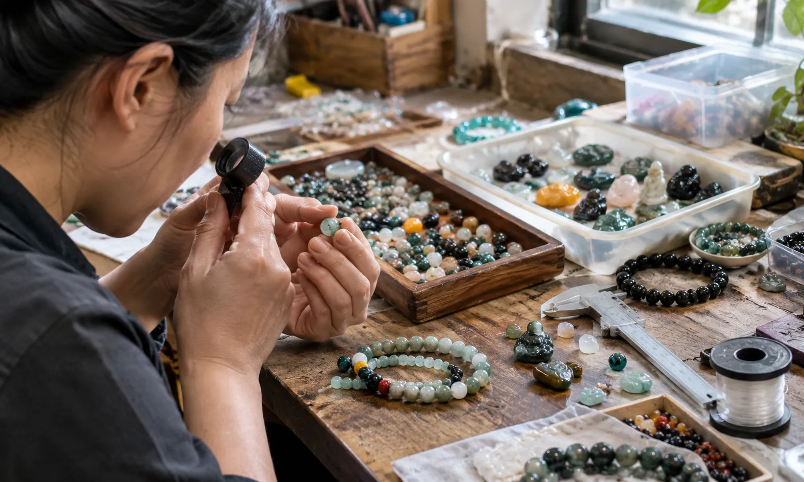 Artisan inspecting a gemstone bead with a loupe for quality and authenticity