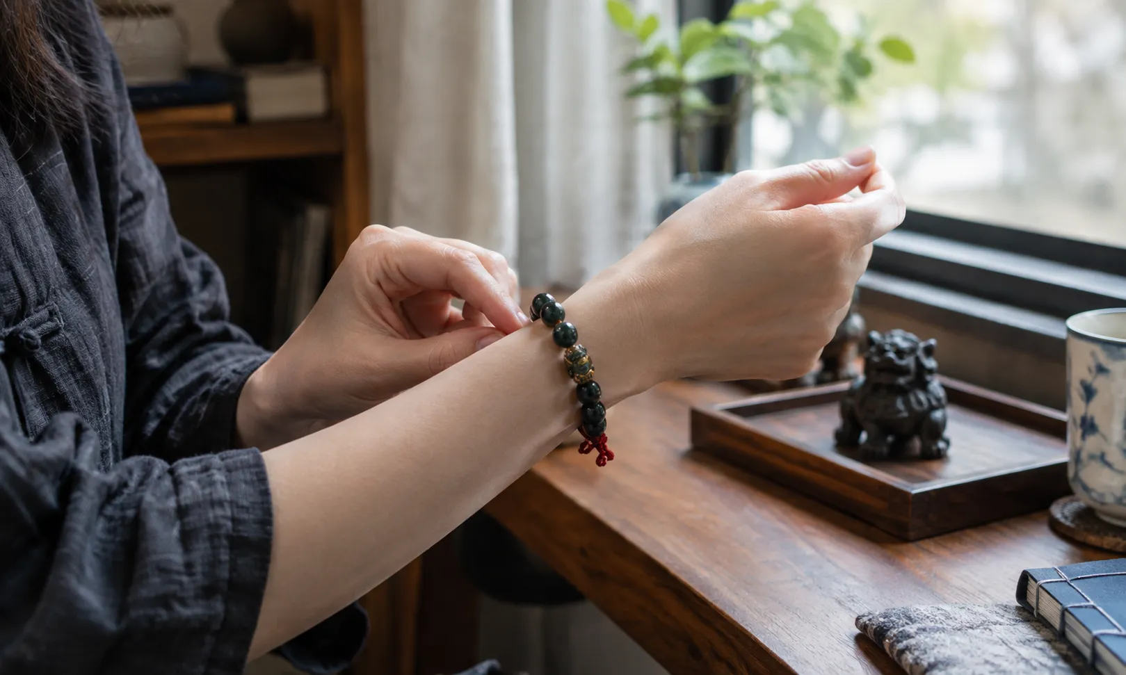 Woman wearing a feng shui gemstone bracelet at a peaceful zen home altar