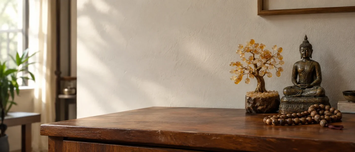 Bronze Buddha statue with citrine crystal money tree for Feng Shui prosperity and abundance