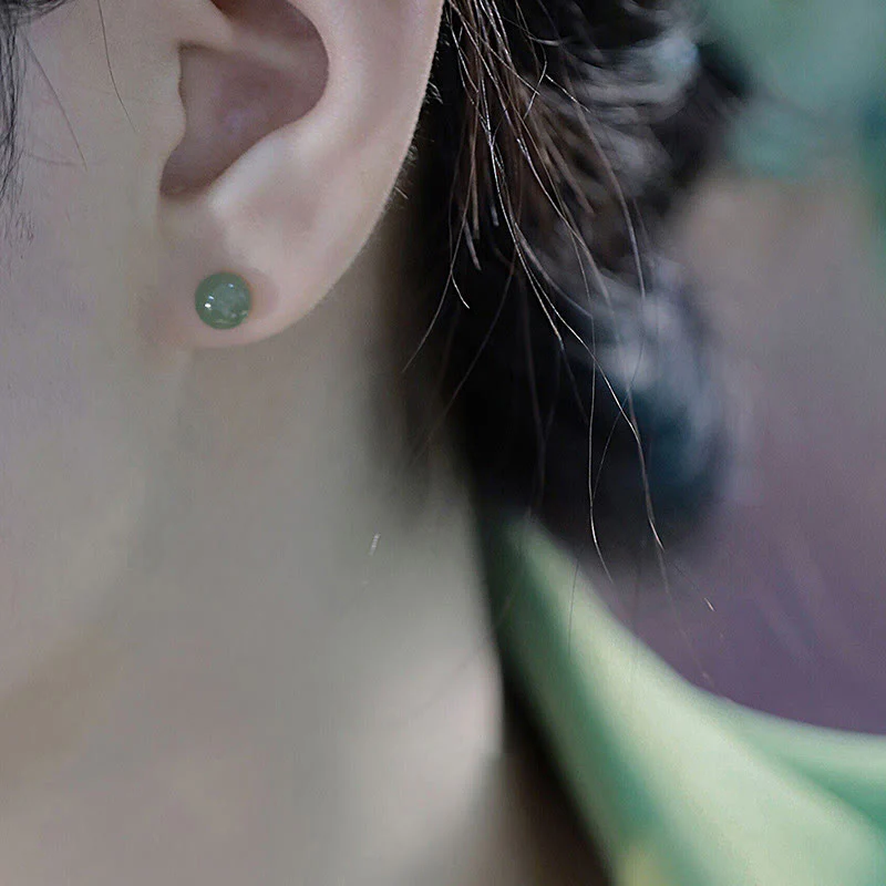 Natural Round Jade Beads Good Luck Stud Earrings