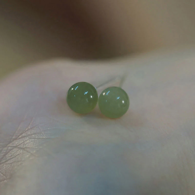 Natural Round Jade Beads Good Luck Stud Earrings