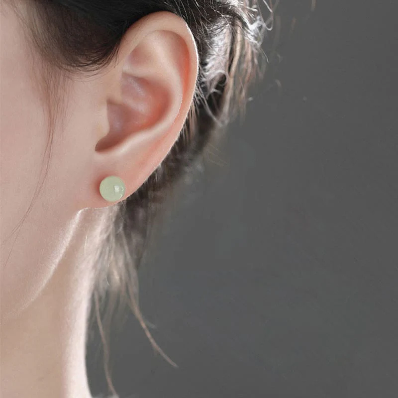 Natural Round Jade Beads Good Luck Stud Earrings