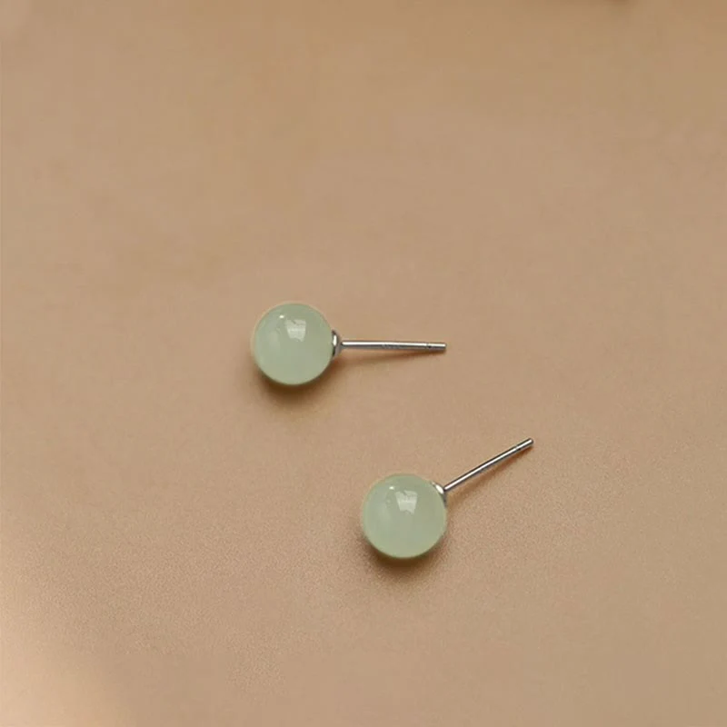 Natural Round Jade Beads Good Luck Stud Earrings