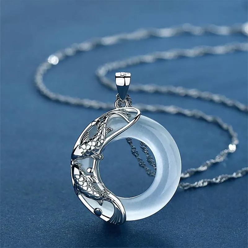 Sterling Silver Jade Koi Fish Lucky Necklace