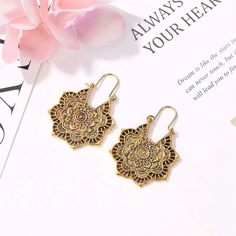 Tibetan Lotus Engraved Healing Copper Drop Earrings