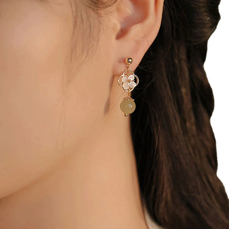 Tridacna Stone Jade Drop Earrings Symbolizes Prosperity & Peace