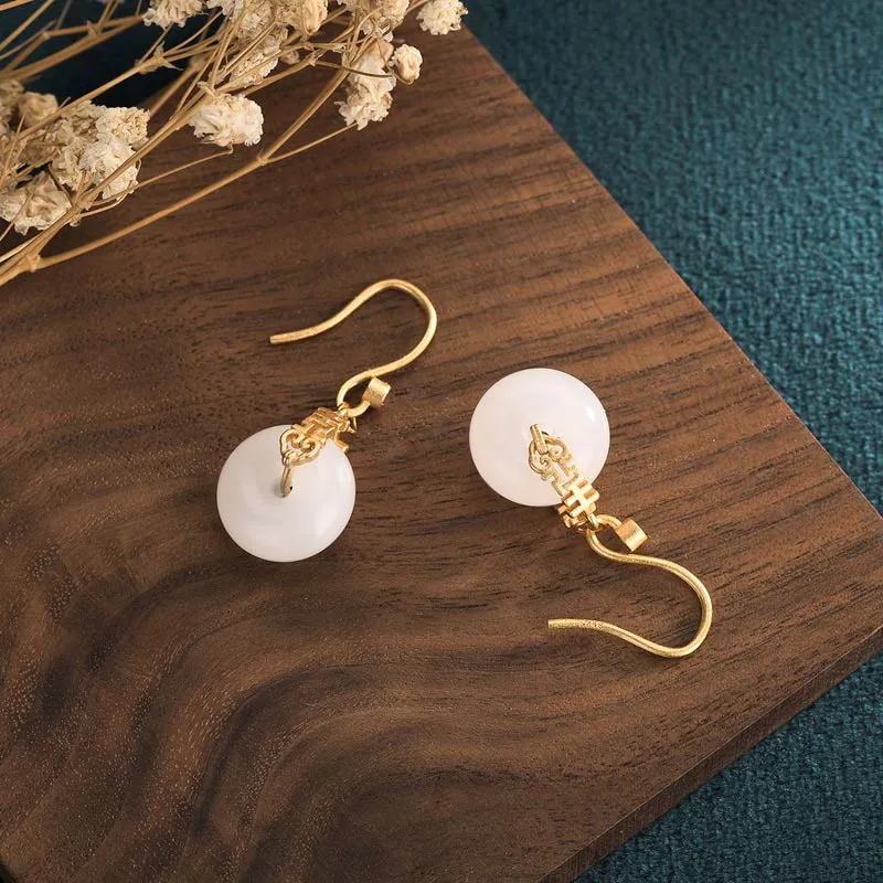 White Jade Double Happiness Blessing Fortune Earrings