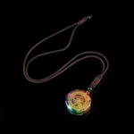 Chakra orgonite pendant necklace on a brown cord