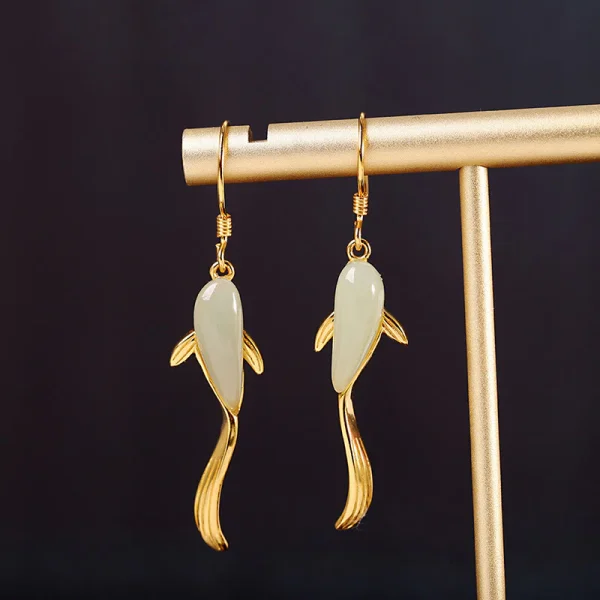 Koi fish dangle earrings with green jade body