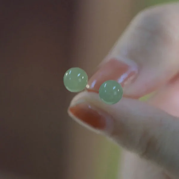 Natural round jade beads good luck stud earrings, jade earrings for good fortune