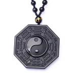 Black obsidian bagua pendant with yin yang and trigrams