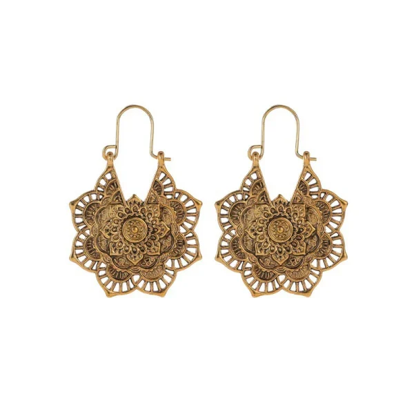 Tibetan lotus engraved healing copper drop earrings, copper earrings for good fortune