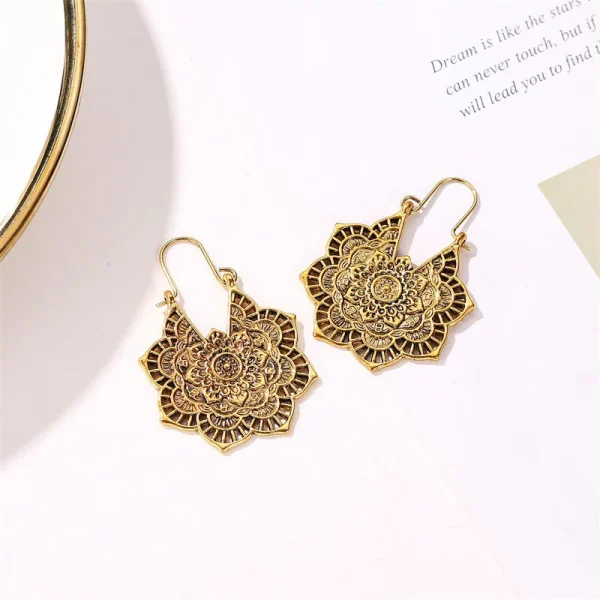 Tibetan lotus engraved healing copper drop earrings, detailed copper lotus engraving